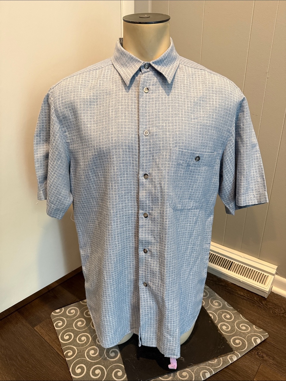 Zanella Men’s XL Pale Blue Short Sleeve Button-Down with Subtle Grid